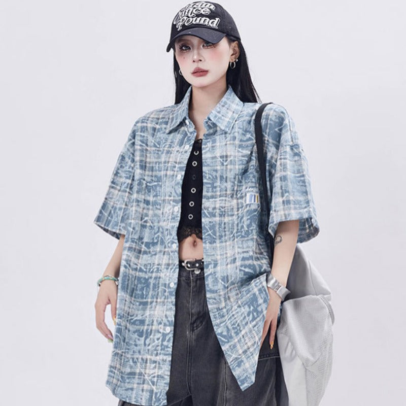 Marcas De Streetwear cleanfit tie-dye plaid short-sleeved shirt