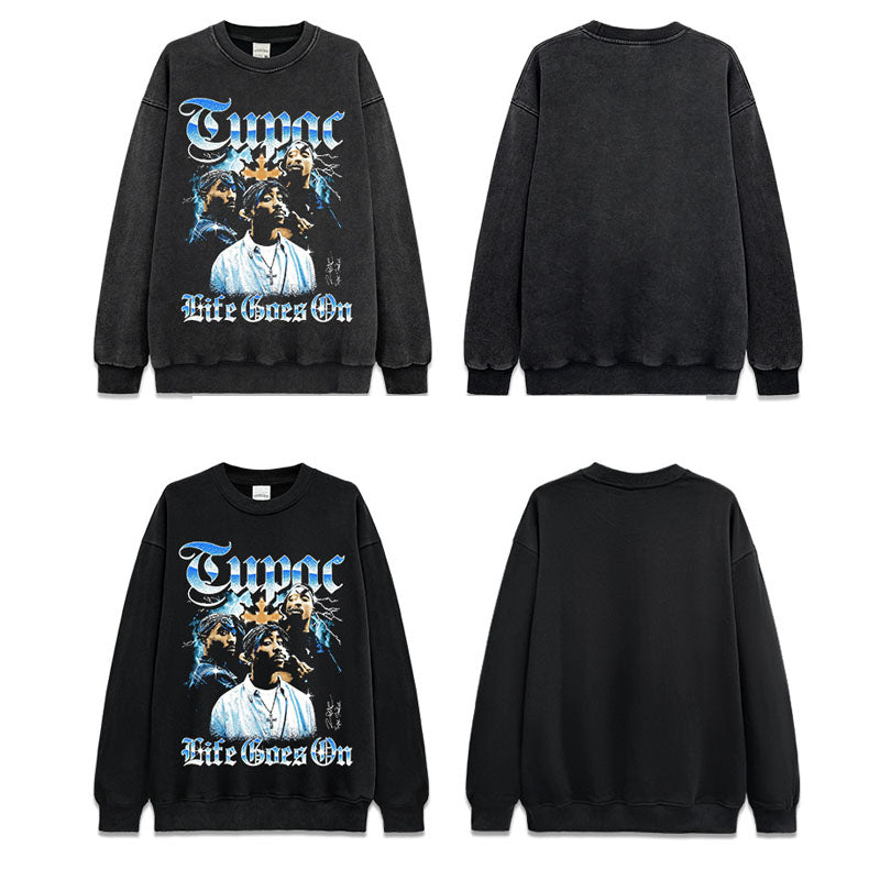 Streetwear masculino vintage Tupac print crew neck sweater high