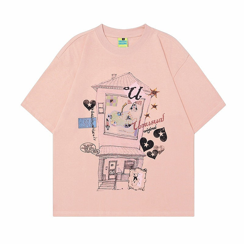 90s West Coast Hip Hop Fashion T Shirts Pink Bear Home Short Sleeve T-Shirt