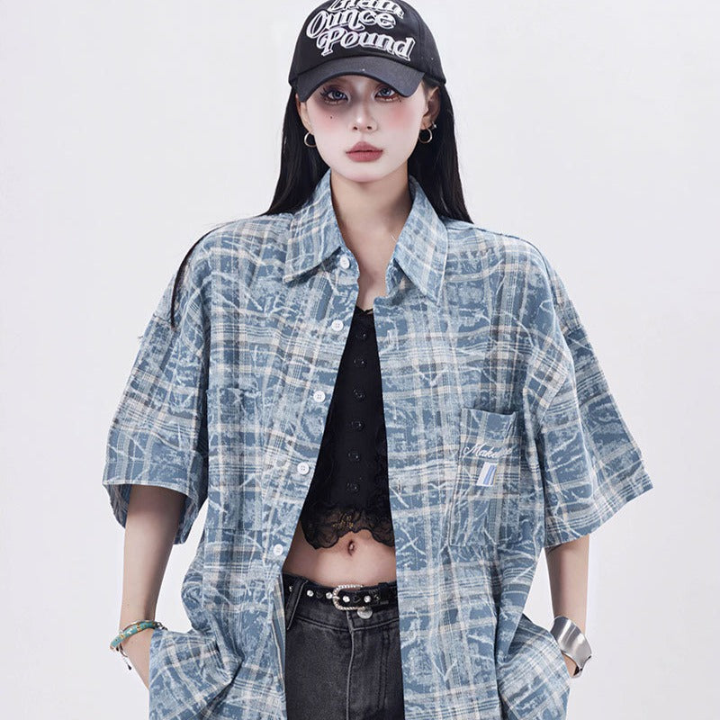 Marcas De Streetwear cleanfit tie-dye plaid short-sleeved shirt