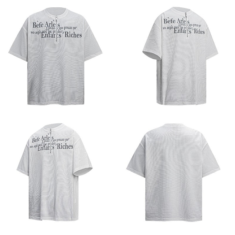 80s And 90s Vintage Letter Half Zip Cleanfit Henry Neck Short Sleeve T-Shirt