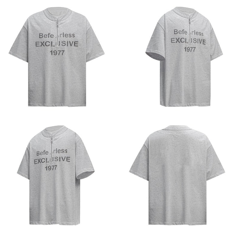 80s And 90s Vintage T Shirts Washed Zipper Printed Fake Two Piece Short Sleeves