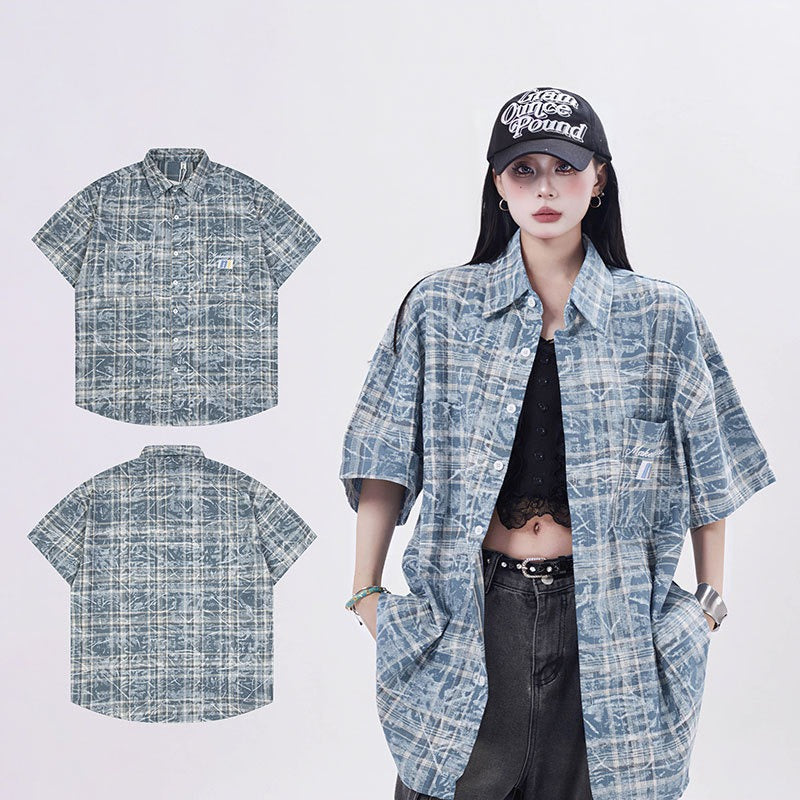Marcas De Streetwear cleanfit tie-dye plaid short-sleeved shirt
