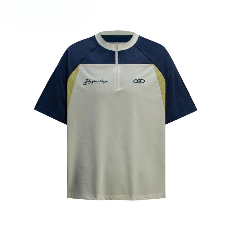 80s And 90s Vintage T Shirts Vintage Contrast Splicing Zipper Quick-Drying Short Sleeve T-Shirt