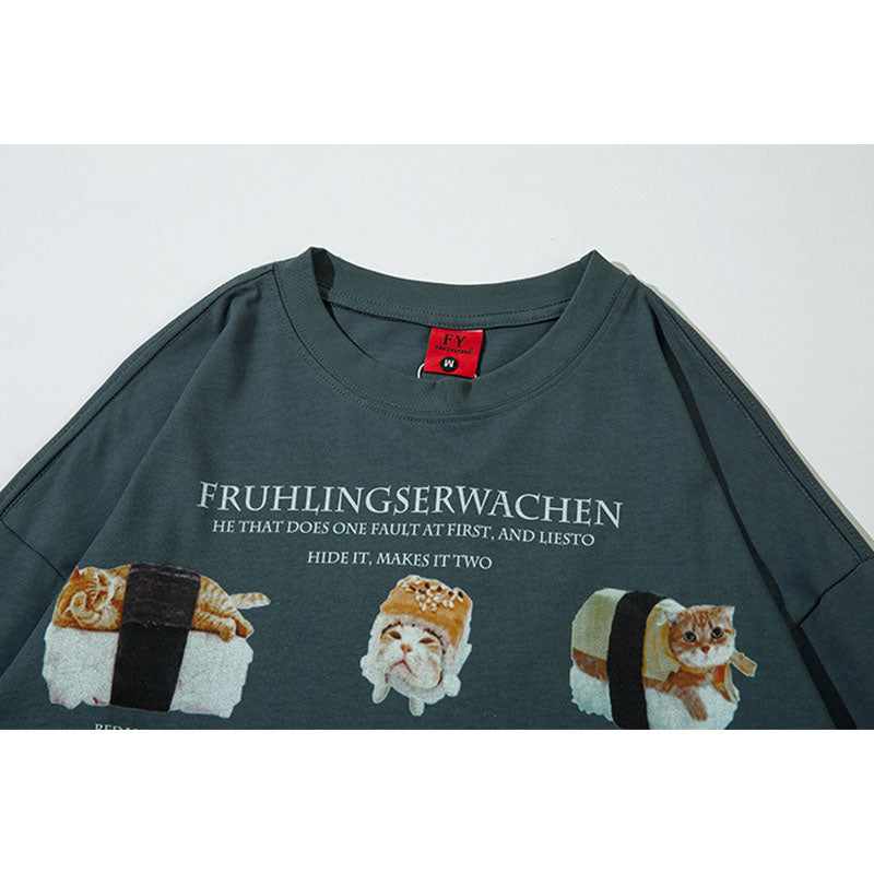 Marcas De Streetwear Vintage Sushi Cat Print Long Sleeve T-Shirt