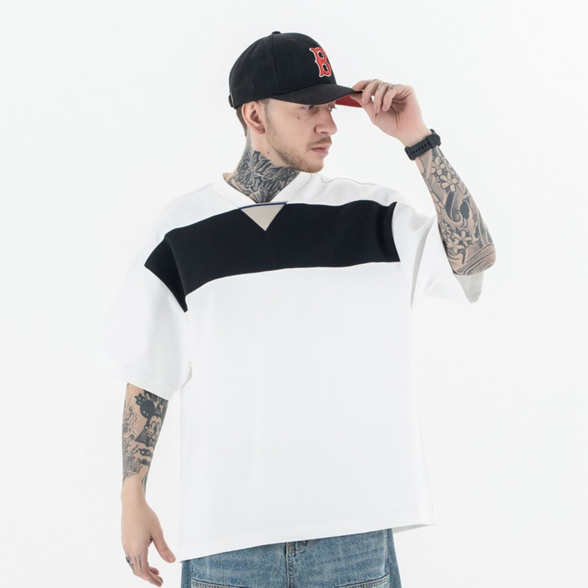 Vintage College Shirts Summer Embroidery Short Sleeve T-Shirt V-Neck