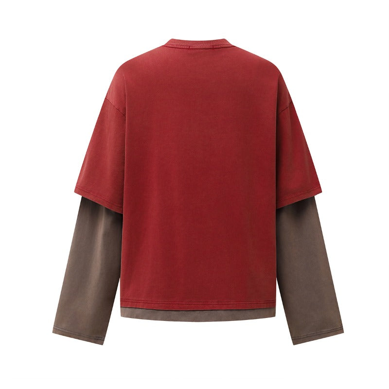 Unisex long-sleeved shirt autum color-blocked fake two-piece