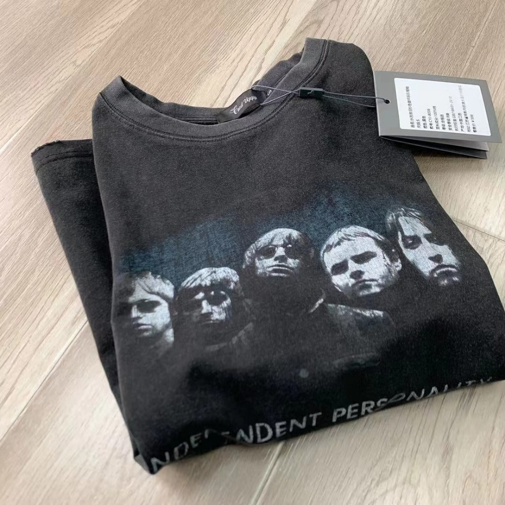 Streetwear Eua t shirt vintage washed do long sleeve wreck band print vintage short sleeve top