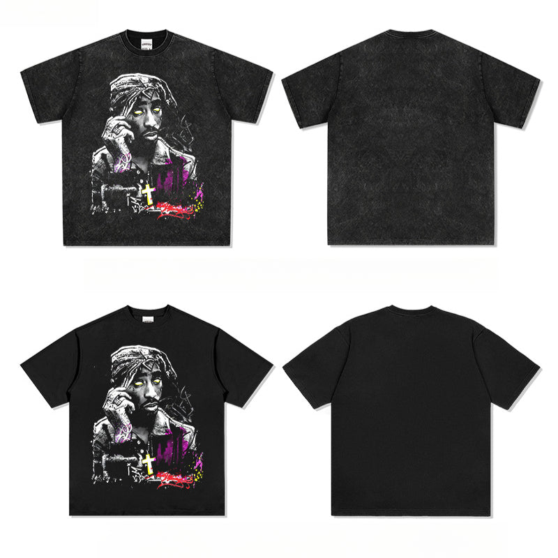 Cool t rapper vintage tupac print hip hop short sleeve wash do old t-shirt
