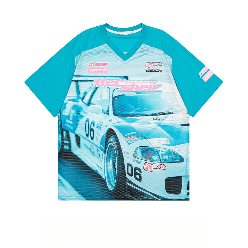 Racing oversized t shirt V-neck racing print mesh shirt T-shirt