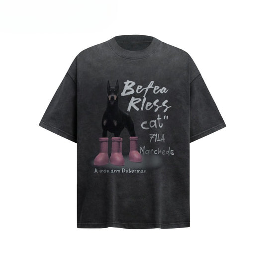 80s And 90s Vintage T Shirts Vintage Washing Water Old Red Boots Puppy Short Sleeve Crew Neck T-Shirt