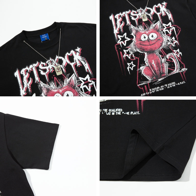 Nyc T-Shirt Cat Graffiti Letter Strap Necklace Short Sleeve T-Shirt Hip Hop Loose T-Shirt
