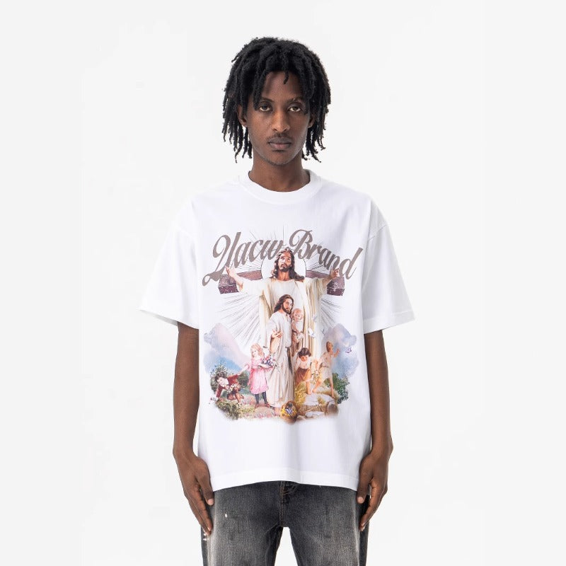 Vic Streetwear Summer Angel Print Crew Neck Short Sleeve T-Shirt