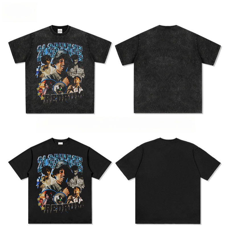 Outfit streetwear vintage hip hop 21 Savage print short sleeve t-shirt