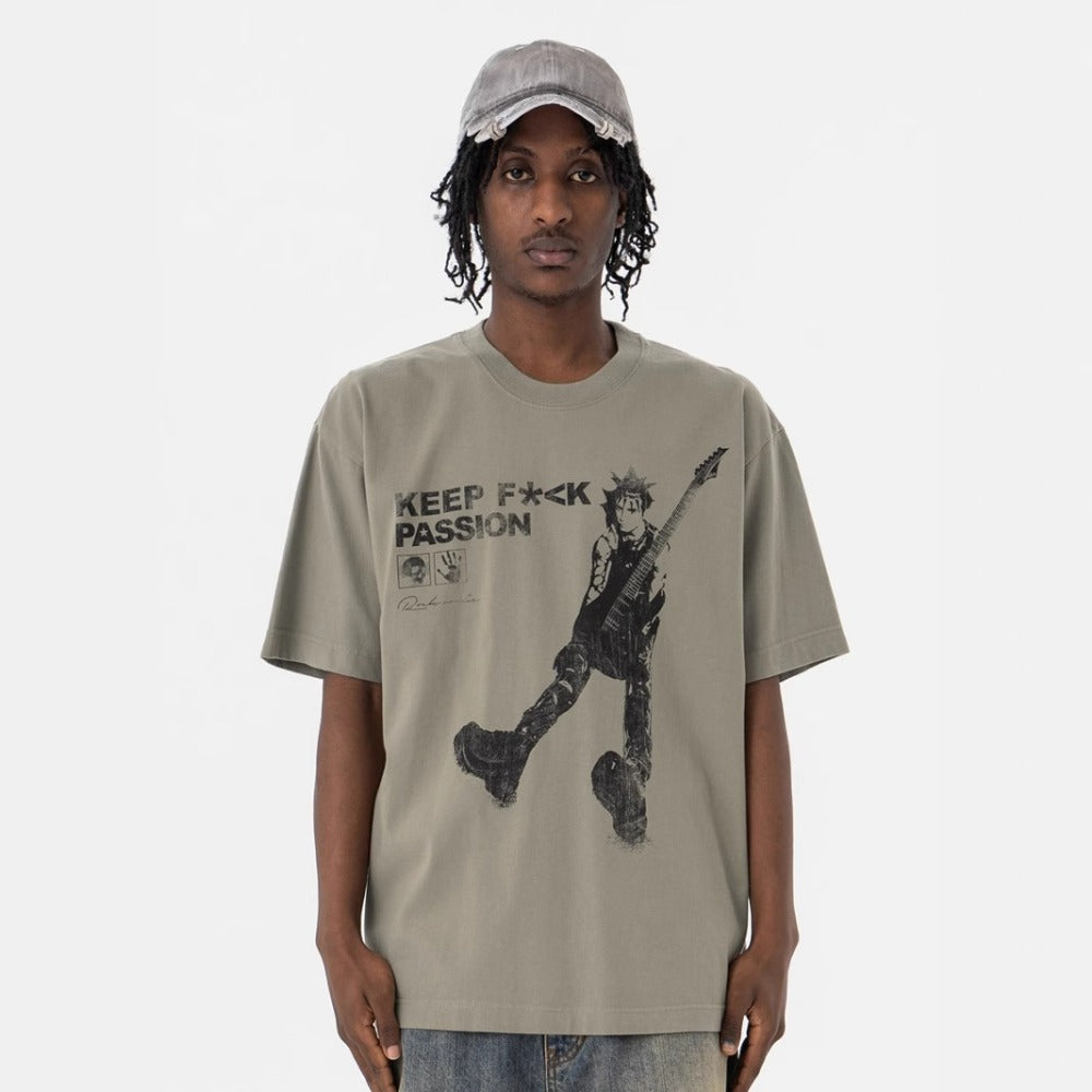 Vintage 90s Hip Hop Clothing Summer Hip Hop Guitarist Slogan Print Crew Neck Short Sleeve T-Shirt