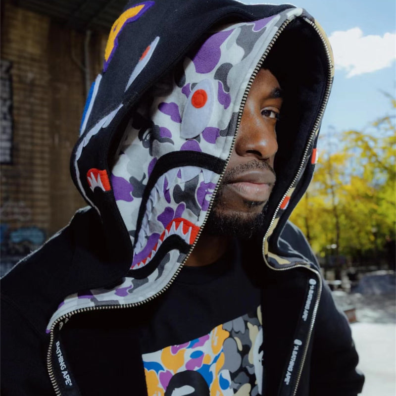 Ape Hoodie Shark Hooded USA Embroidered Printed Double Hat Zip Cardigan Sweater Jacket
