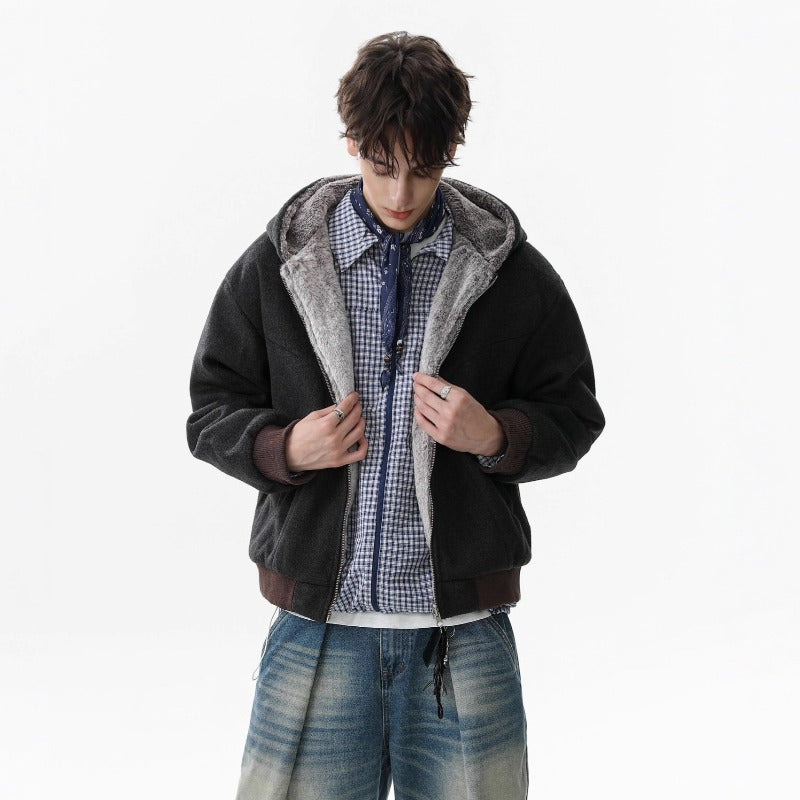 Unisex Down Jacket Winter Double Sided Fleece Hooded Jacket Men