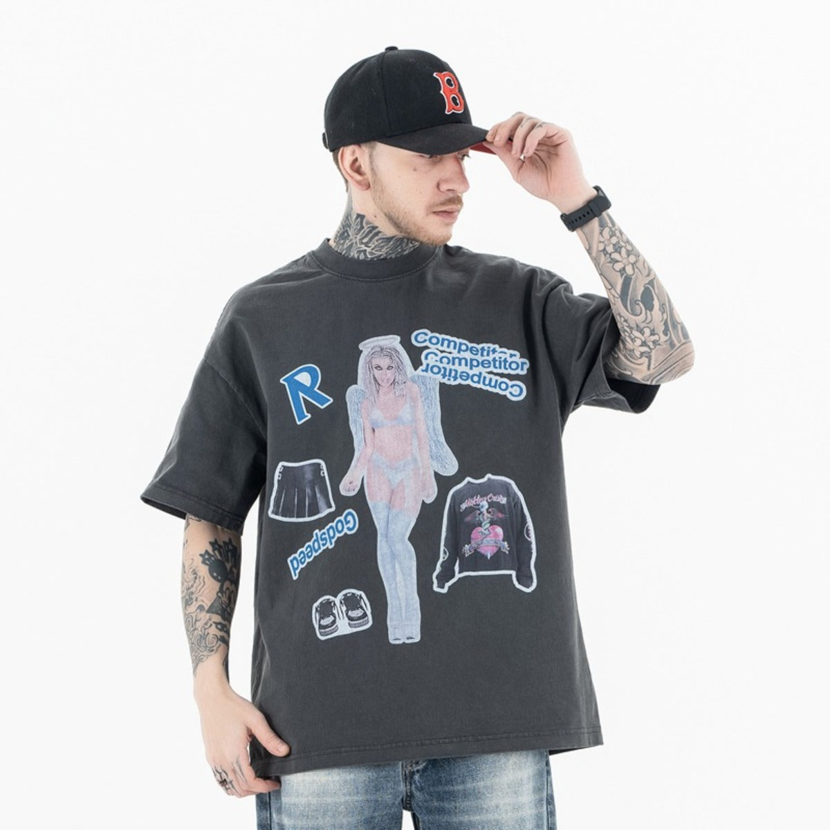 Vintage College Shirts Summer Washed Crew Neck Short Sleeve T-Shirts