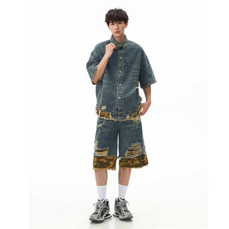 Stone Wash T shirt Leopard print denim short sleeve casual denim shorts