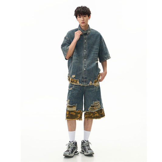Stone Wash T shirt Leopard print denim short sleeve casual denim shorts