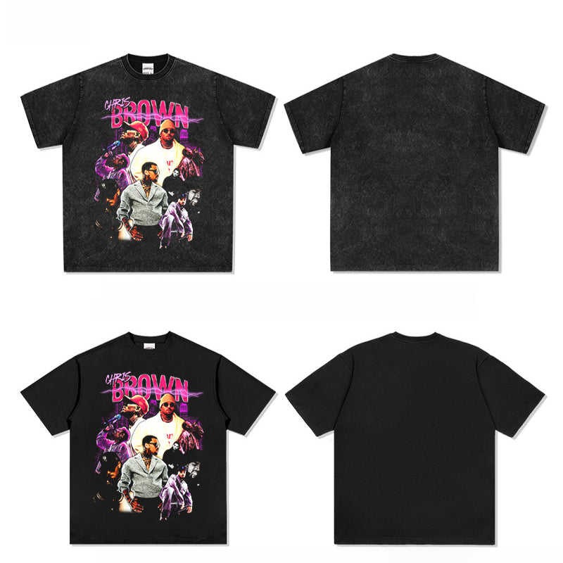 Streetwear masculino vintage hip hop breezy chris brown print short sleeve t-shirt