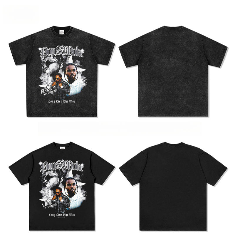 Marcas streetwear usa vintage hip hop pop smoke print short sleeve t-shirt