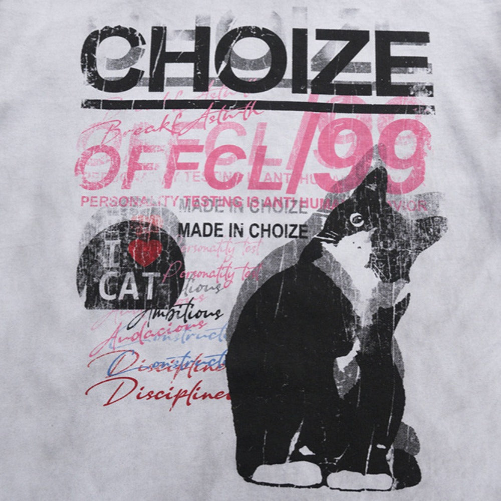 Nostalgia T Shirts Vintage Cartoon Cat Letter Print Short Sleeve T-Shirt oversize