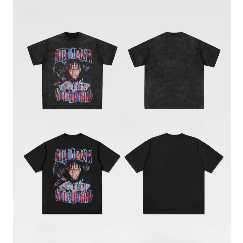 Cool t rapper SKI MASK HIPHOP hip hop character print t-shirt loose Vintage short sleeve top