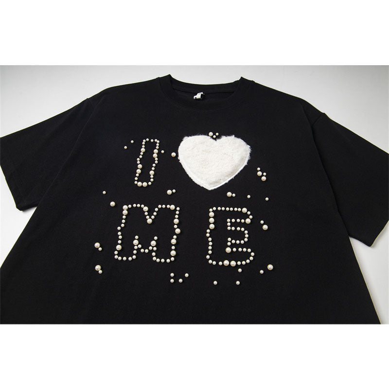 Casual Street Wear Old Embroidered Love Vintage Loose Hip Hop Oversize Short Sleeve T-Shirt