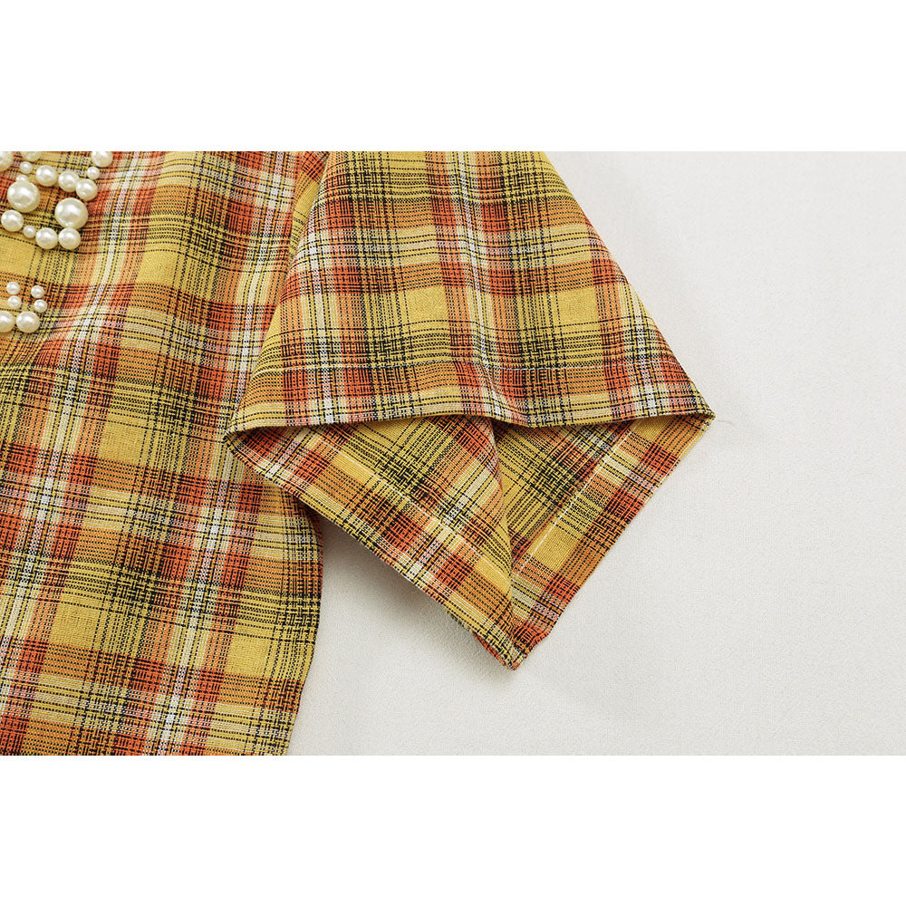 Nostalgia T Shirts Dopamine Yellow Checked Shirt Short Sleeve Summer Loose Polo Lapel Top