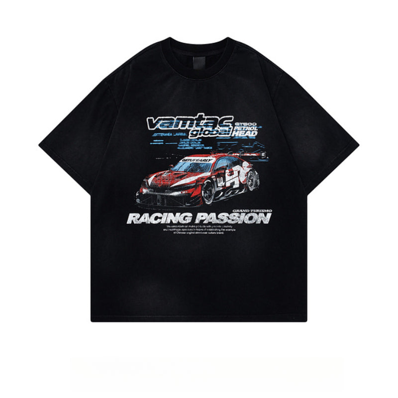 Racing oversized t shirt retro 2025 old short sleeve summer oversized racing print t-shirt