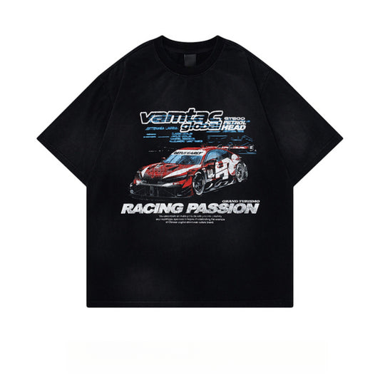 Racing oversized t shirt retro 2025 old short sleeve summer oversized racing print t-shirt