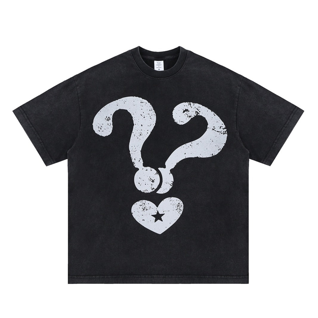 Vintage 90s Hip Hop Clothing Summer Cartoon Question Mark Washed Short Sleeve T-Shirt