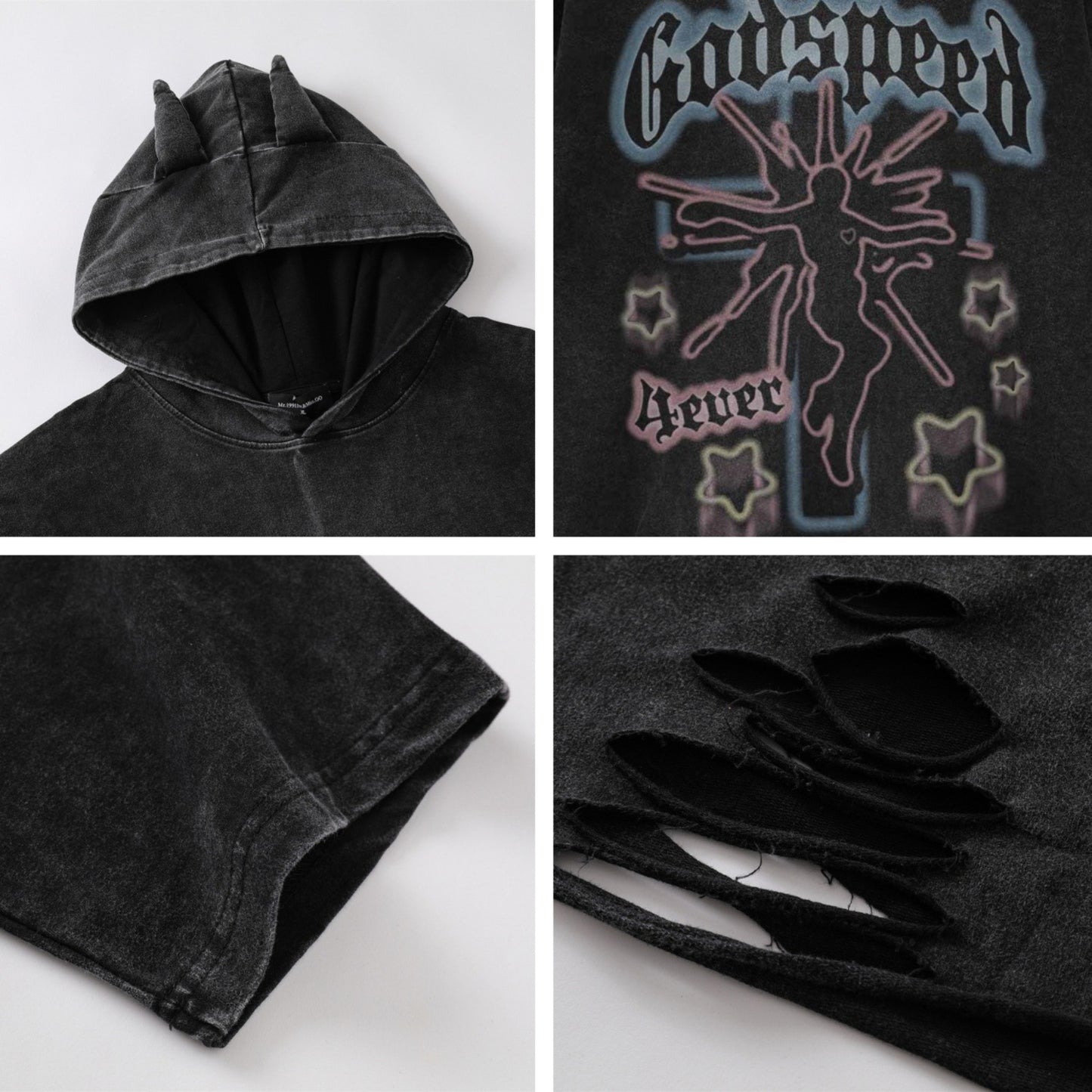 Distorted vintage made old hooded t-shirt loose short sleeve top summer