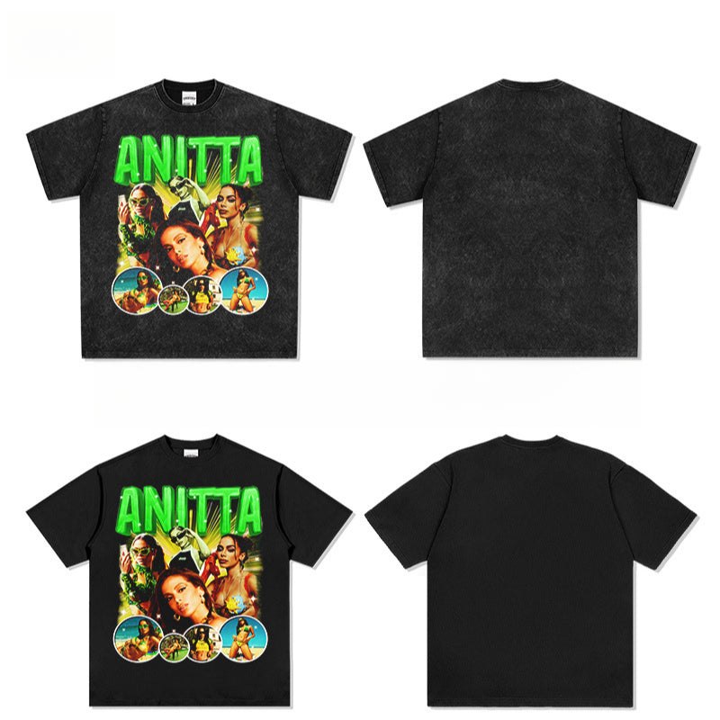 Outfit streetwear vintage hip hop Anitta print short sleeve t-shirt