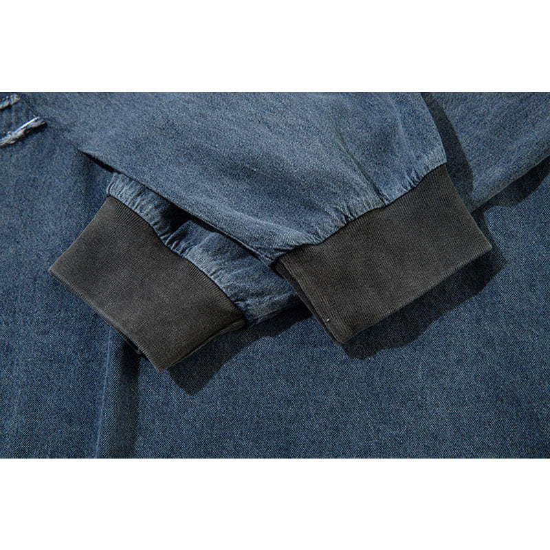 Marcas De Streetwear Vintage Embroidered Washed Denim Long Sleeve T-Shirt