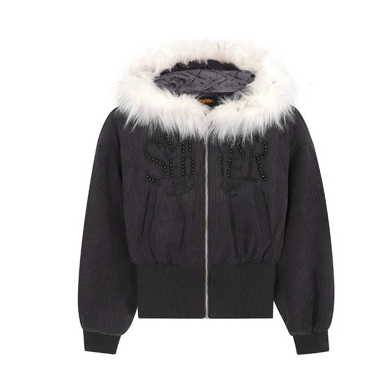 Unisex Down Jacket Winter Fur Collar Corduroy Short Jacket