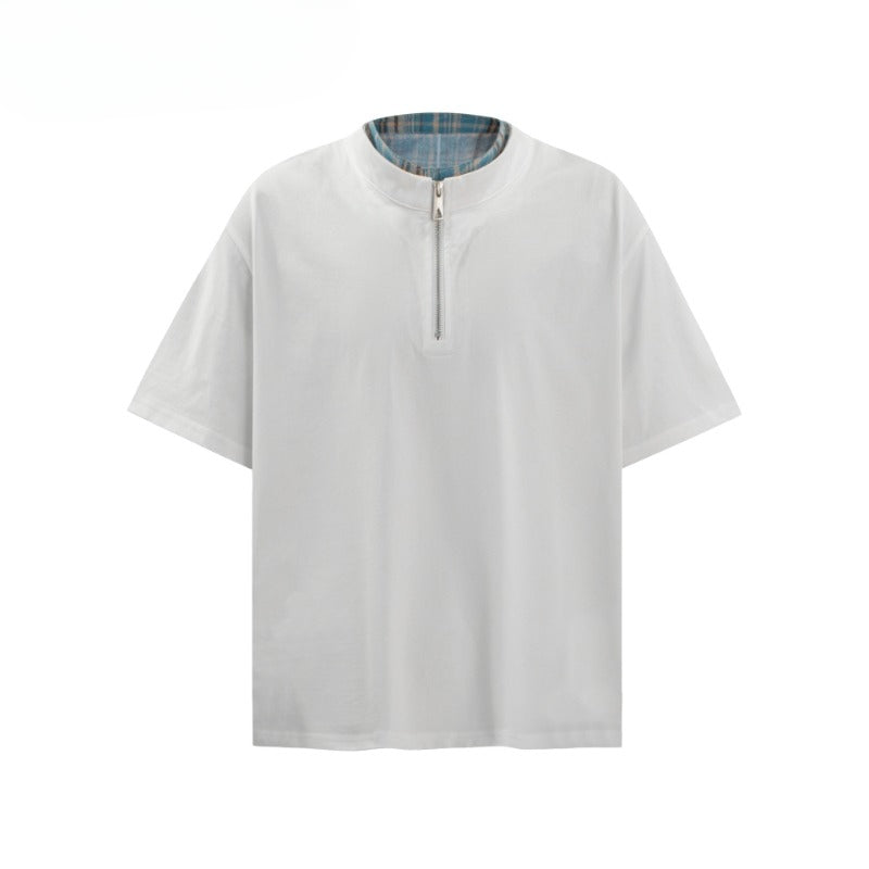 80s And 90s Vintage T Shirts Vintage Fake Two and a Half Zipper Cool Solona Stand-Up Collar Short Sleeve T-Shirt