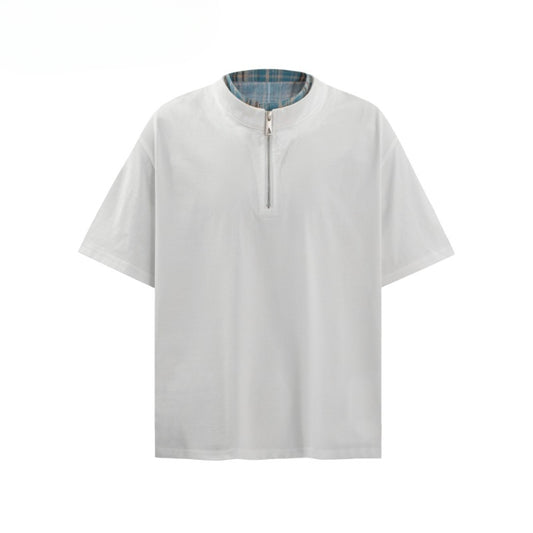 80s And 90s Vintage T Shirts Vintage Fake Two and a Half Zipper Cool Solona Stand-Up Collar Short Sleeve T-Shirt