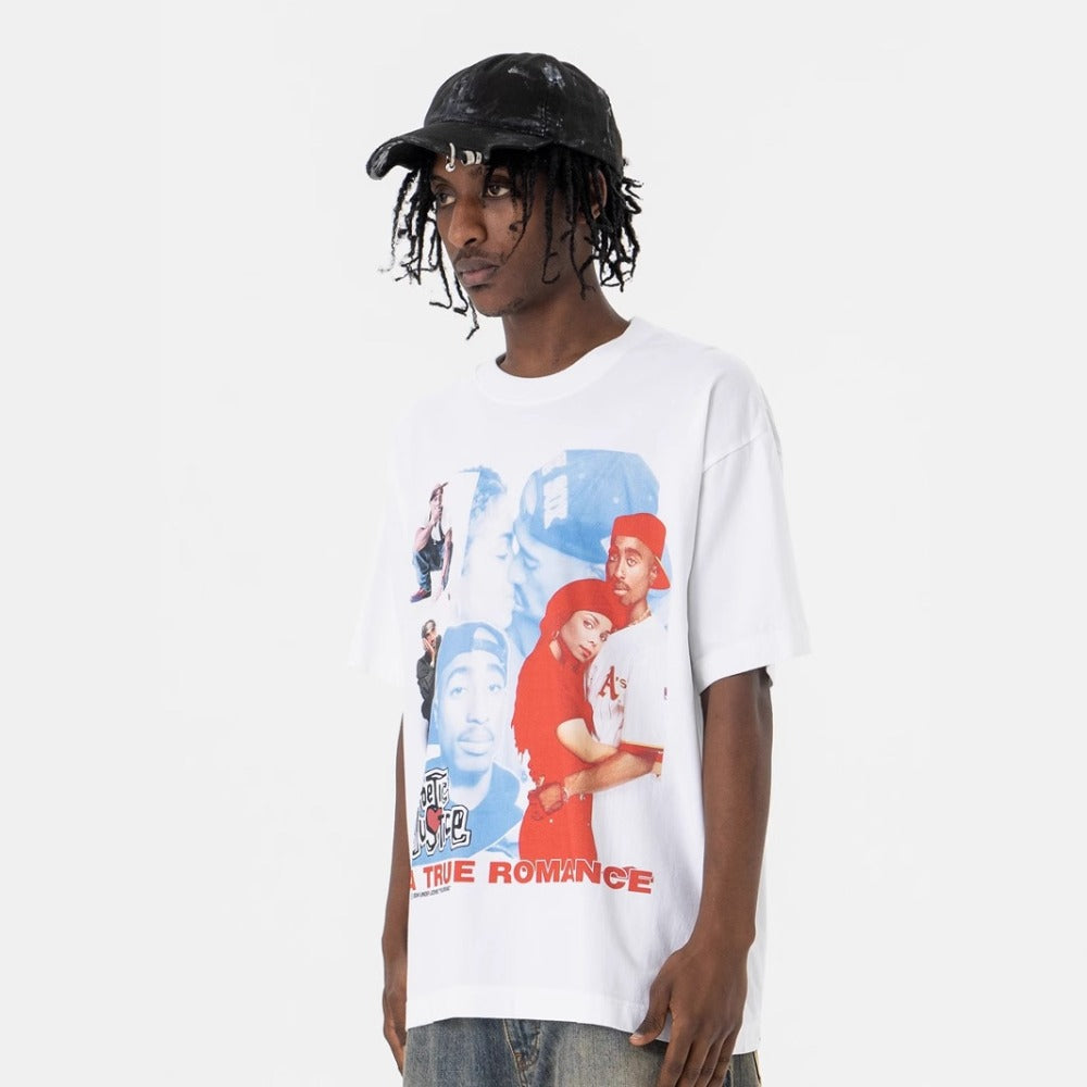 Vintage College Shirts Summer Hip Hop Portrait Letter Print Crew Neck Short Sleeve T-Shirt