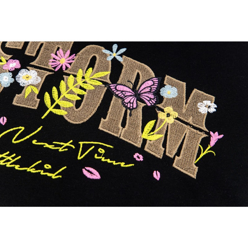New York Hip Hop Style Vintage Butterfly Floral Alphabet Print Short Sleeve T-Shirt