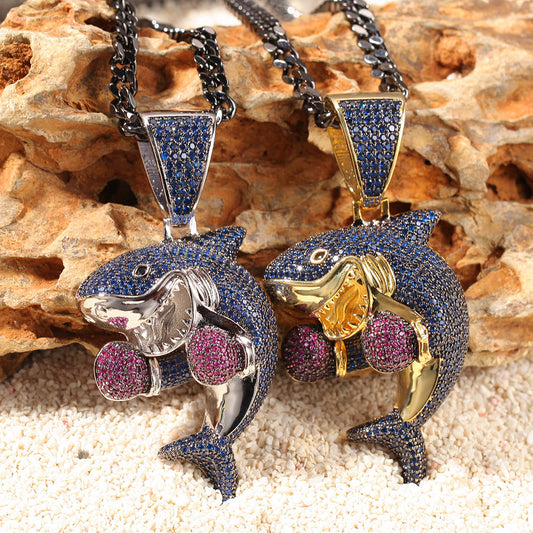 Jewelry Hip Hop Boxing Shark Zircon Pendant Necklace Animal Spectrum Armament