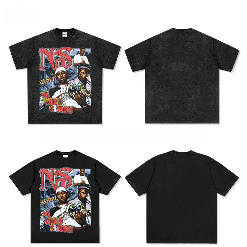 Streetwear masculino vintage hip hop nas print short sleeve t-shirt vintage