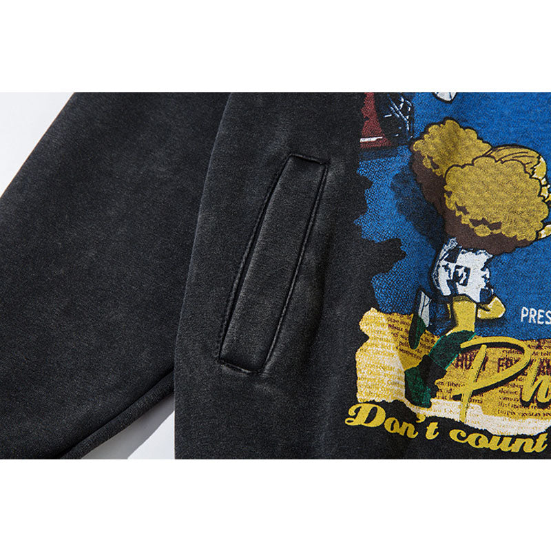 Streetwear Hoodie Vintage Washed Old Hooded Sweater Cartoon Cartoon Character Print Casual Hoodie