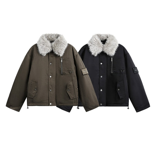 Unisex Down Jacket Winter Fur Collar Vintage Warm Tooling Jacket