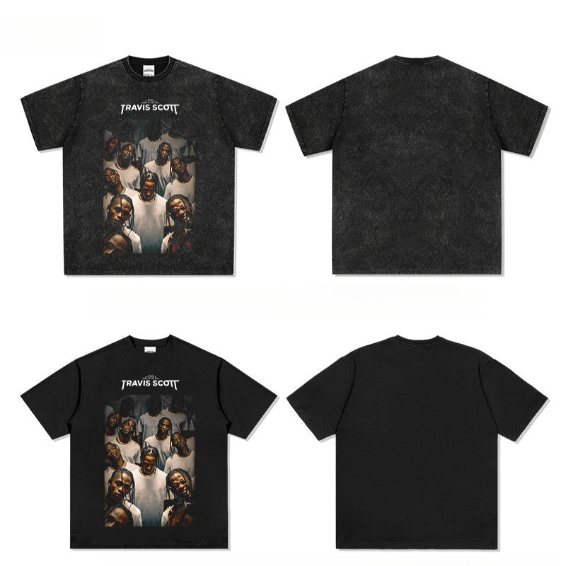 Streetwear masculino hip hop Travis scott rap character print washed do old loose short sleeve t-shirt