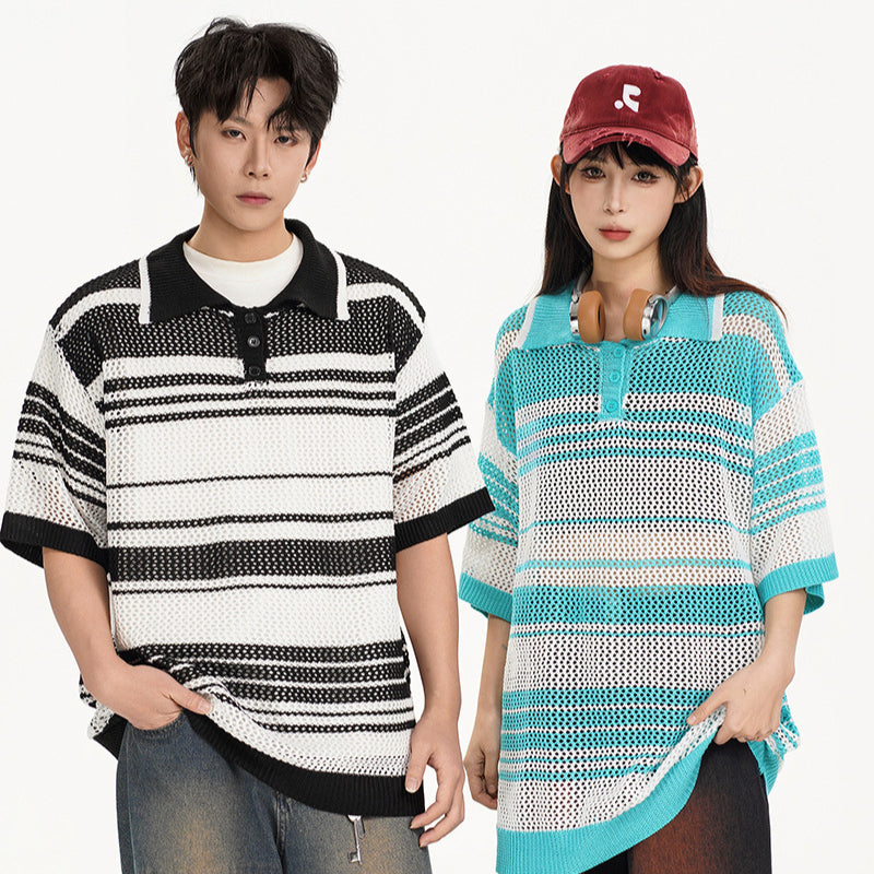 Nyc 1990 Shirt Casual Loose Knitted Sweater POLO Neck Lapel Hollow Stripe