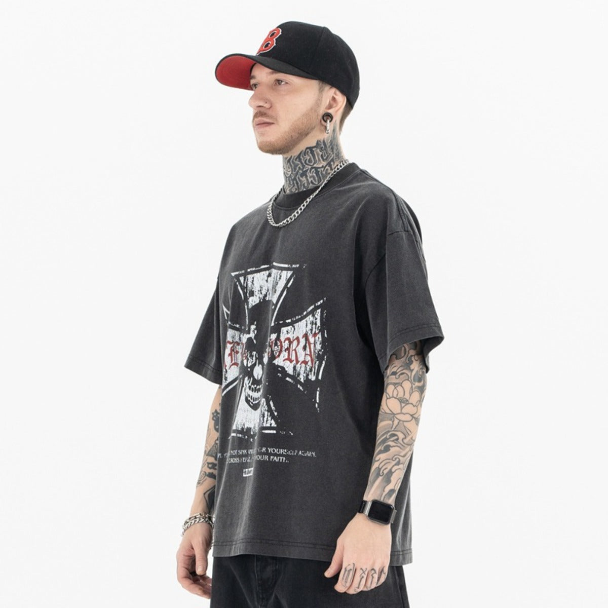 Vic Streetwear Summer Vintage Washed Skull Print Short Sleeve T-Shirt