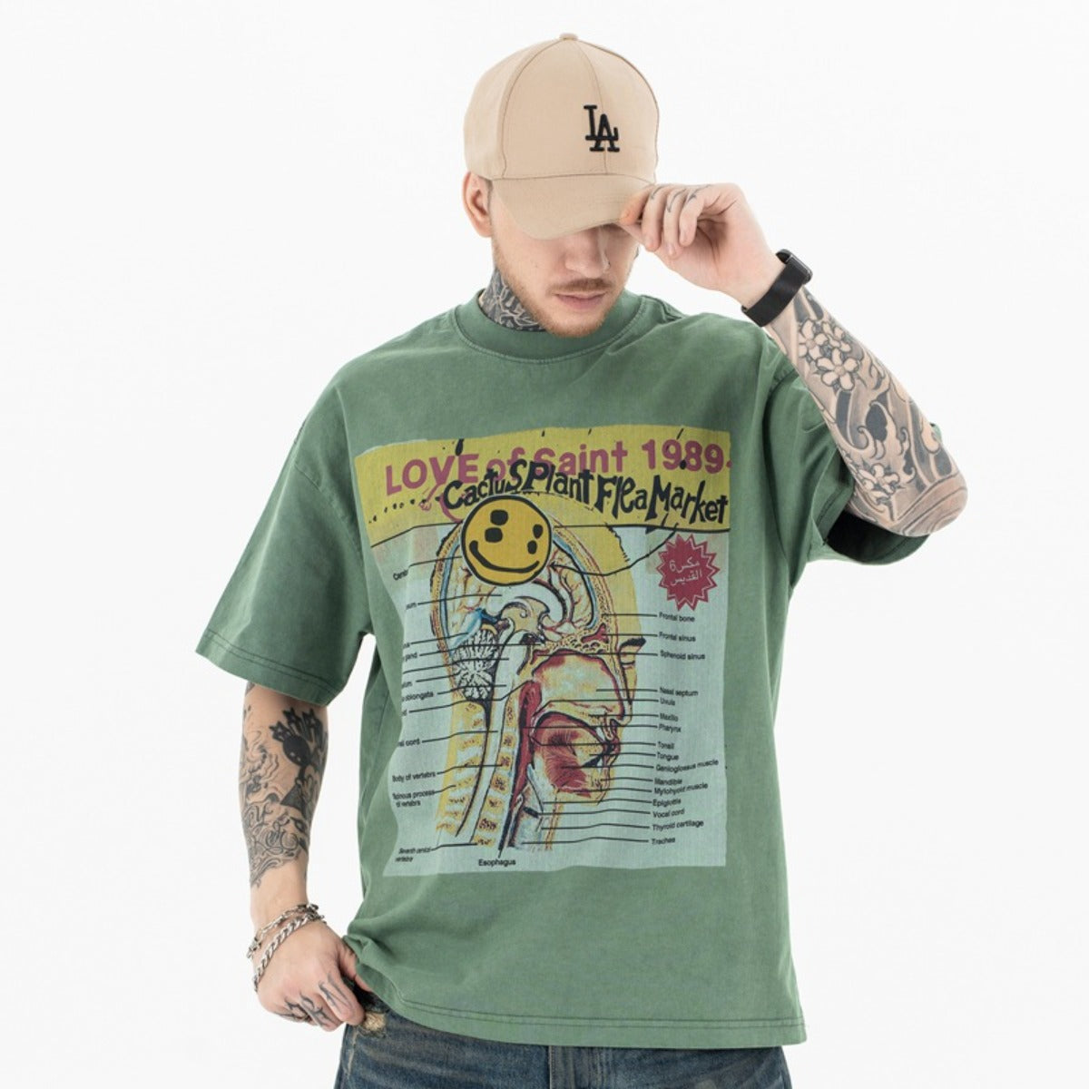 Vintage College Shirts Summer, Casual, Smiley Pattern Short Sleeve T-Shirt