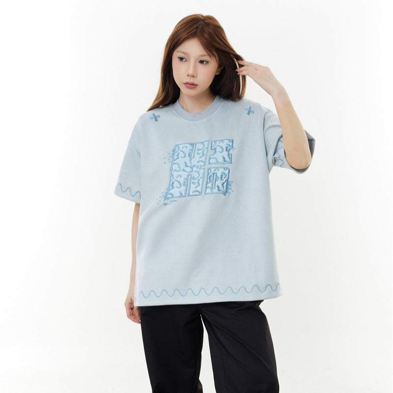 Camisas Retros Cloth Embroidered Short Sleeve T-Shirt Loose T-Shirt
